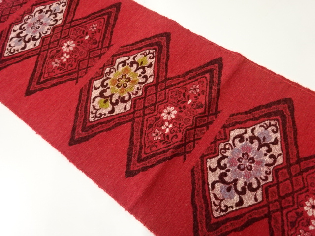 アンティーク　手織り紬　菱に花模様織り出し名古屋帯